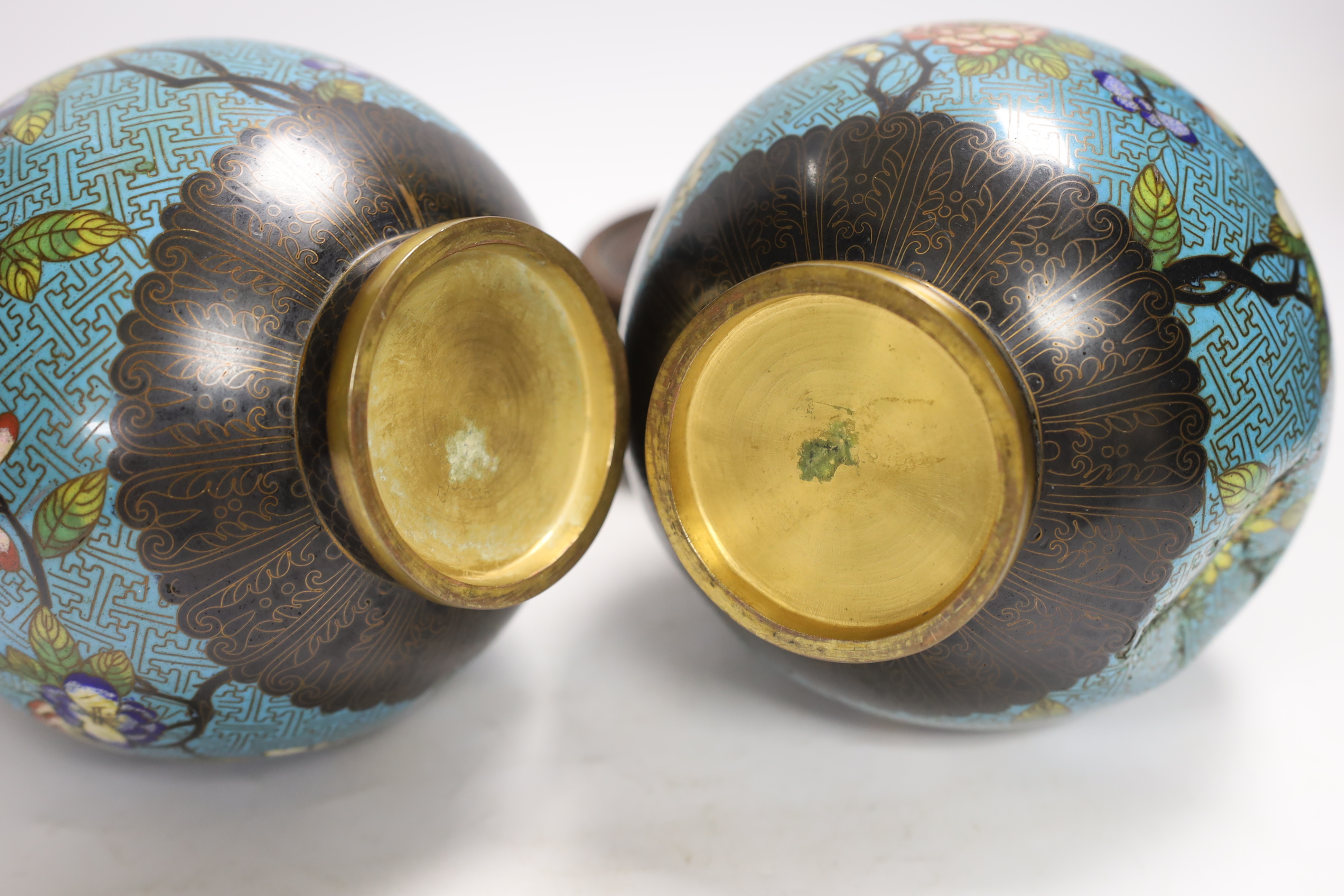 A pair of Chinese cloisonné enamel vases, late Qing dynasty, 31cm, (a.f.), on hardwood stands